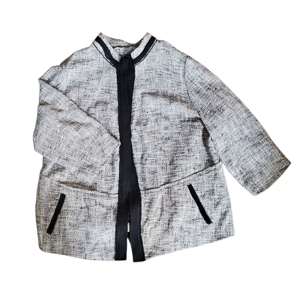 Tahari Size 2X Black and White Open Front Tweed Blazer Jacket 72% Cotton